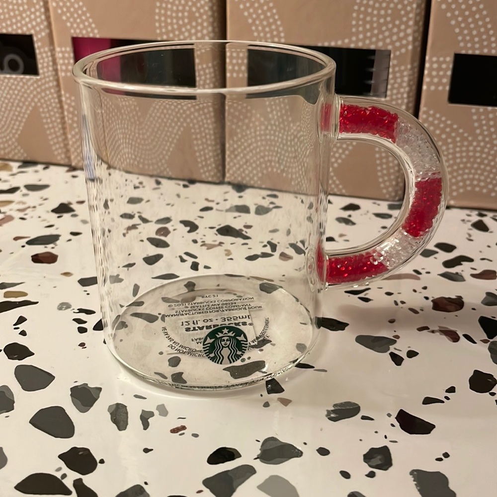 Starbucks 2021 Holiday Candy Cane Glitter Confetti Handle Clear Glass Mug